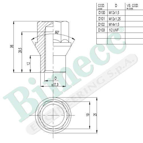 M12x1.5x36 HEX 19 mm Konuss Diska uzgrieznis