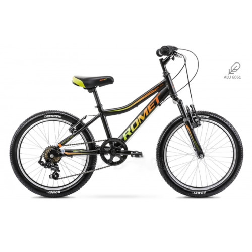 Bērnu divritenis 6 ātrumi Romet Rambler 20" Kid 1 Alumīnija rāmis 2021 black - orange