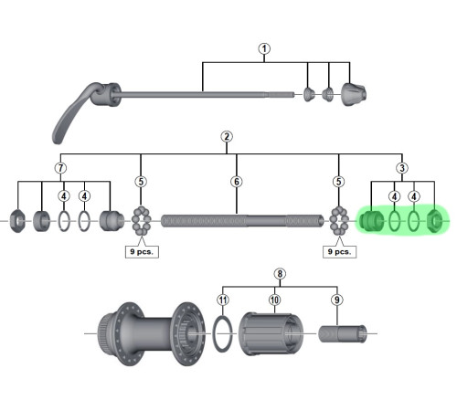Konuss, paplāksnes un uzgrieznis Shimano FH-RM66 right