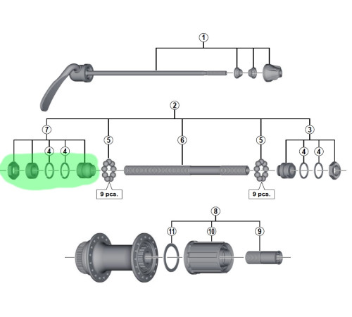 Konuss, paplāksnes un uzgrieznis Shimano FH-RM66 left